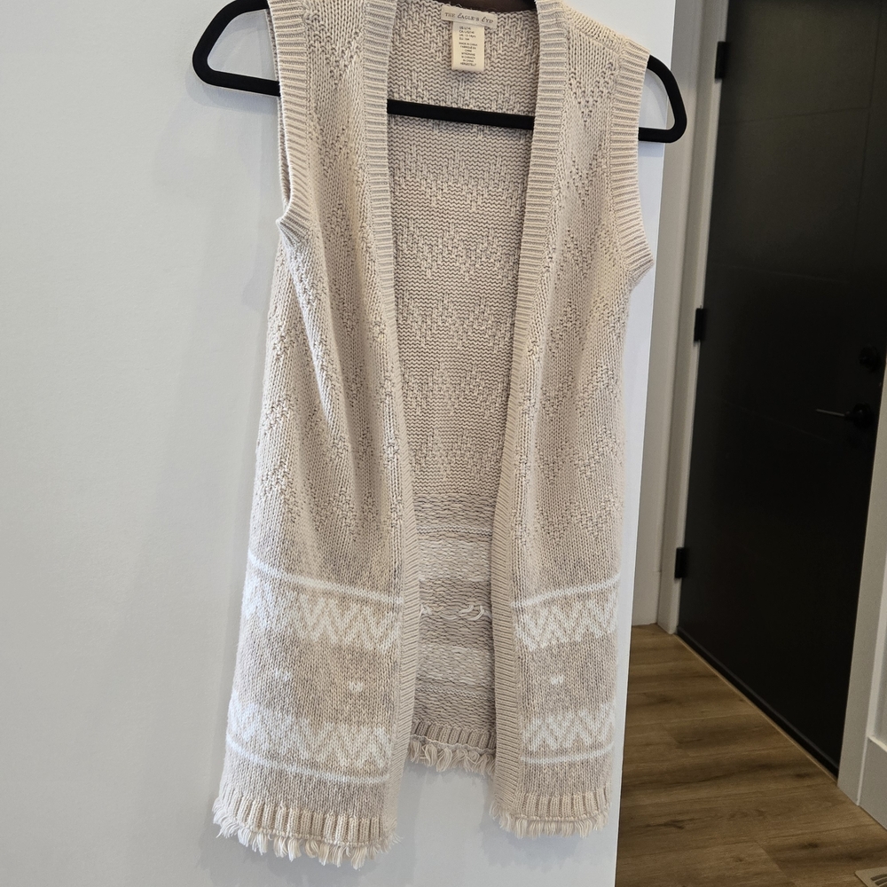Knit Fringe Open-Front Sleeveless Long Vest in Light Beige
